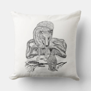 Wolf and Raven black and white design Cushion