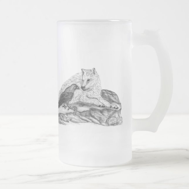Wolf and Raven black and white design Frosted Glass Beer Mug (Right)