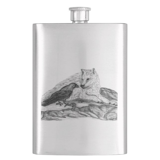 Wolf and Raven black and white design Hip Flask (Front)