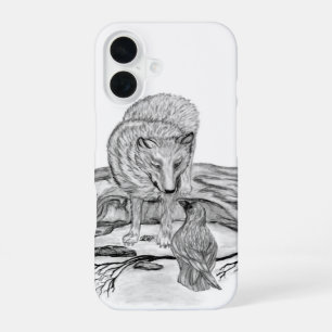 Wolf and Raven black and white design iPhone 16 Case