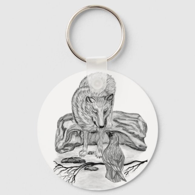 Wolf and Raven black and white design Key Ring (Front)