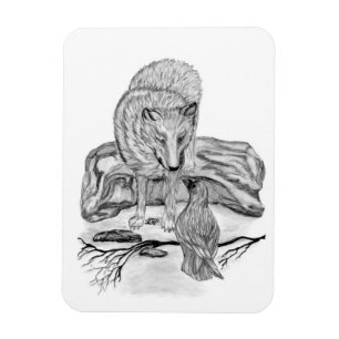 Wolf and Raven black and white design Magnet