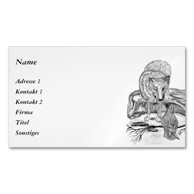 Wolf and Raven - Black and White Design Magnetic Business Card (Front)