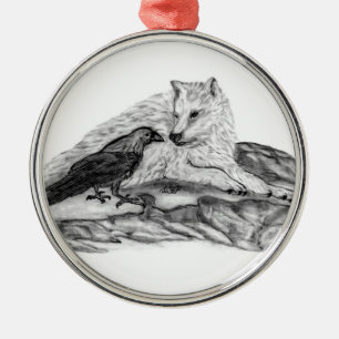Wolf and Raven black and white design Metal Tree Decoration