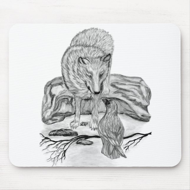 Wolf and Raven black and white design Mouse Pad (Front)