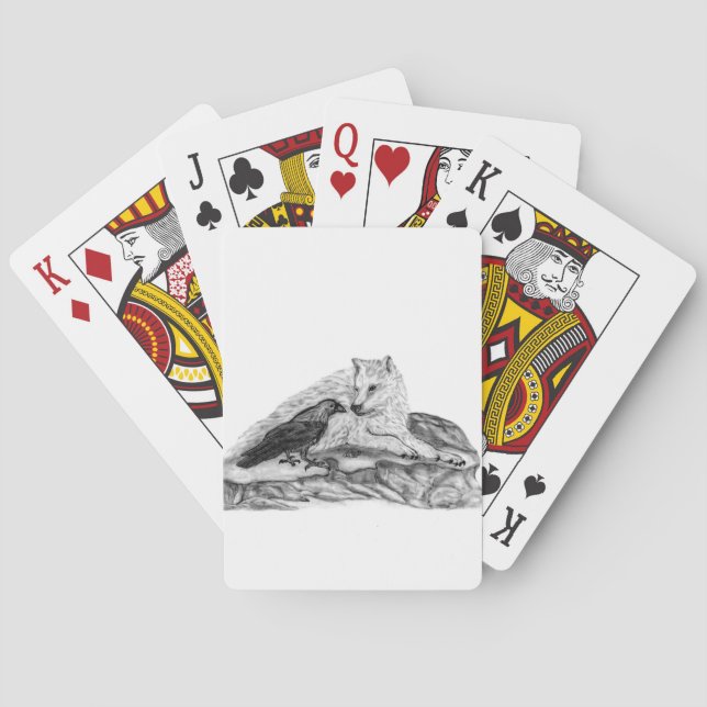 Wolf and Raven black and white design Playing Cards (Back)