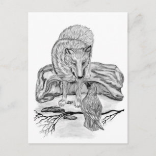 Wolf and Raven black and white design Postcard