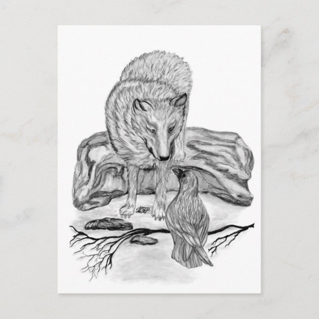 Wolf and Raven black and white design Postcard (Front)