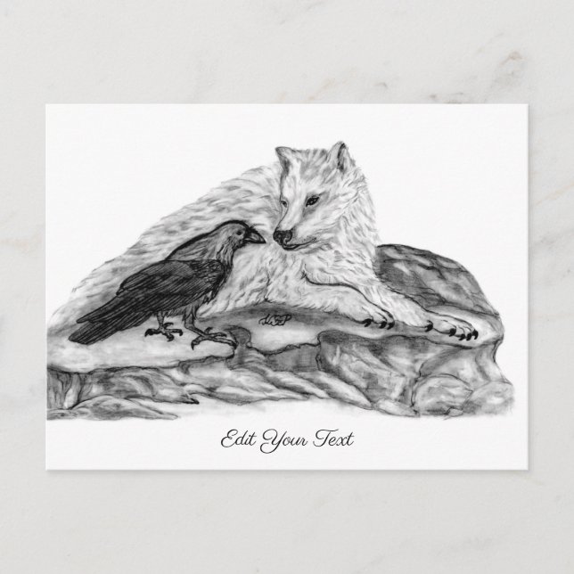 Wolf and Raven - Black and White Design Postcard (Front)