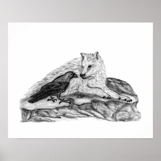 Wolf and Raven black and white design Poster (Front)