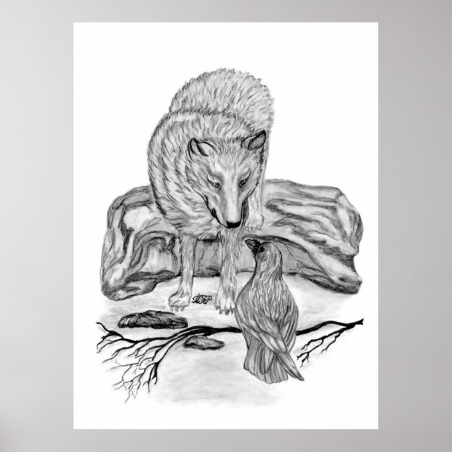 Wolf and Raven black and white design Poster (Front)