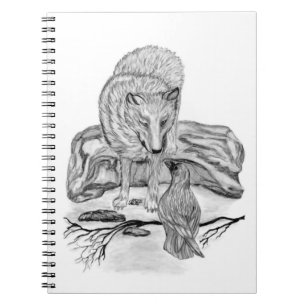 Wolf and Raven black and white design Spiral Notebook