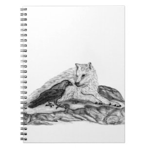 Wolf and Raven black and white design Spiral Notebook