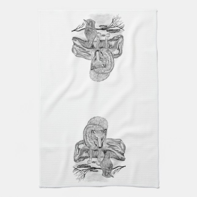 Wolf and Raven black and white design Tea Towel (Vertical)