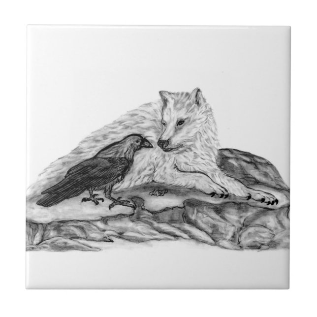 Wolf and Raven black and white design Tile (Front)