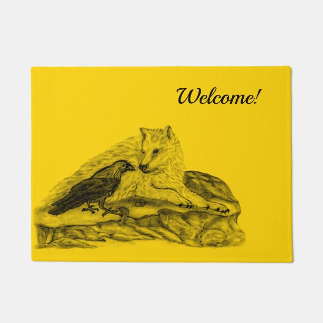 Wolf and Raven - Black and Yellow Design Doormat (Front)