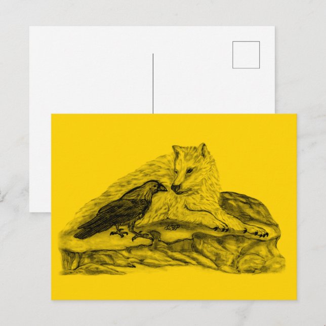 Wolf and Raven - Black and Yellow Design Postcard (Front/Back)