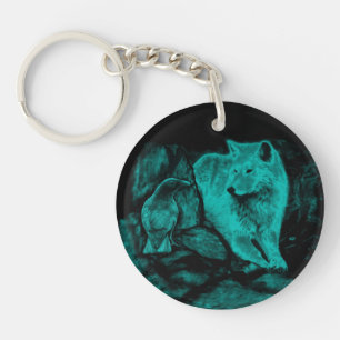 Wolf and Raven in the Night Key Ring