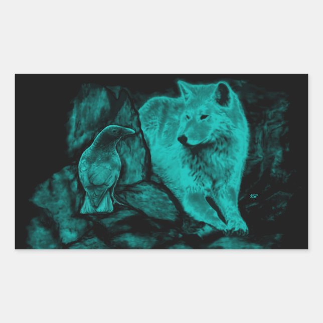 Wolf and Raven in the Night Rectangular Sticker (Front)