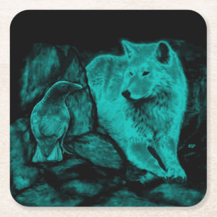 Wolf and Raven in the Night Square Paper Coaster