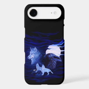 Wolf and Raven with full moon