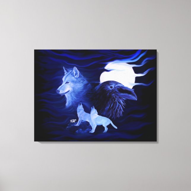 Wolf and Raven with full moon Canvas Print (Front)