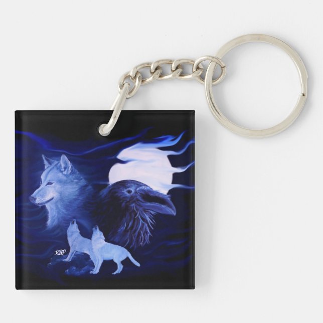 Wolf and Raven with full moon Key Ring (Back)