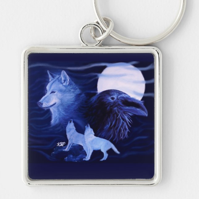 Wolf and Raven with full moon Key Ring (Front)