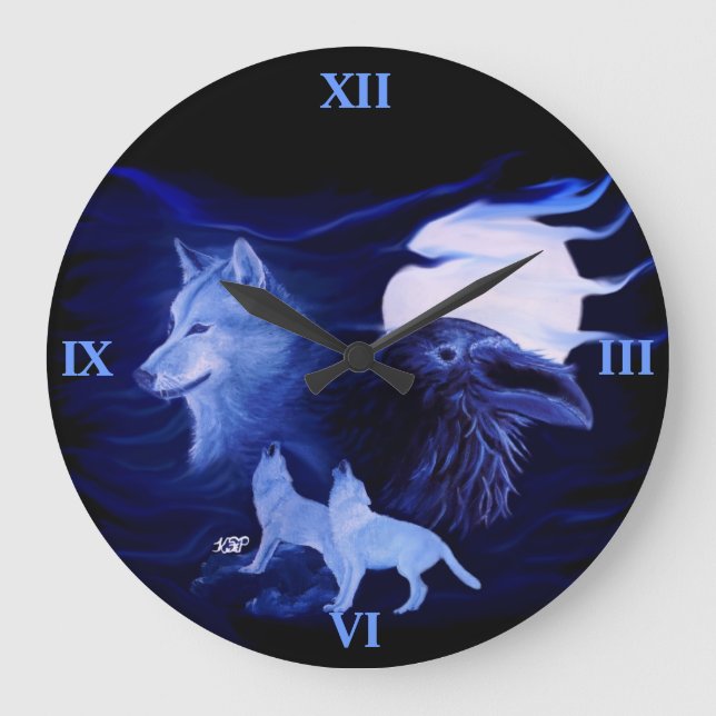 Wolf and Raven with full moon Large Clock (Front)