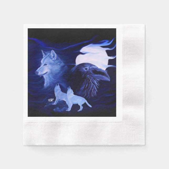 Wolf and Raven with full moon Napkin (Front)