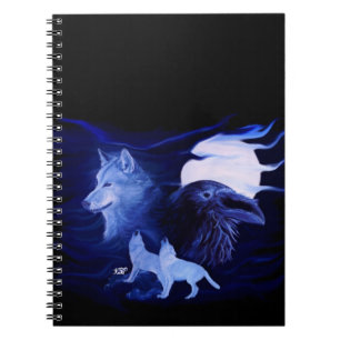Wolf and Raven with full moon Spiral Notebook