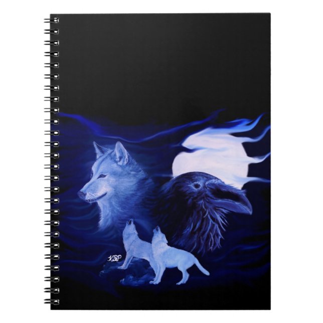 Wolf and Raven with full moon Spiral Notebook (Front)