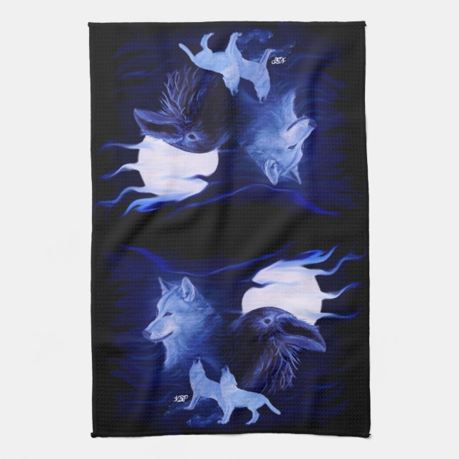 Wolf and Raven with full moon Tea Towel (Vertical)