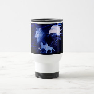 Wolf and Raven with full moon Travel Mug