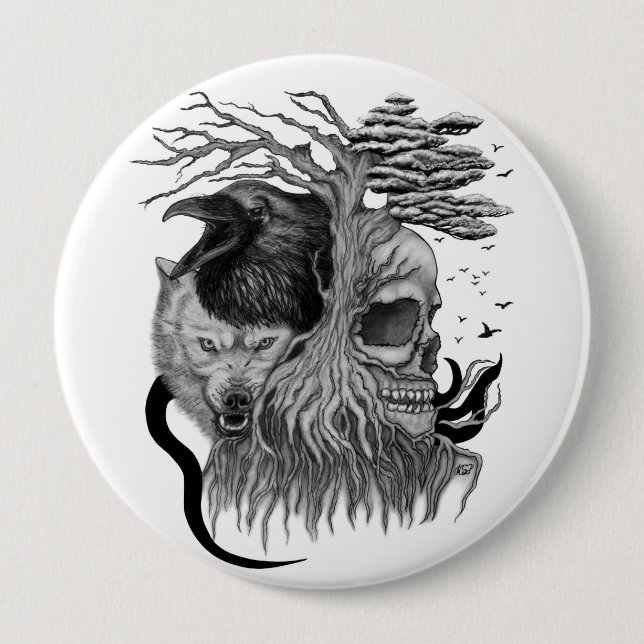 Wolf and Raven with Skull 10 Cm Round Badge (Front)