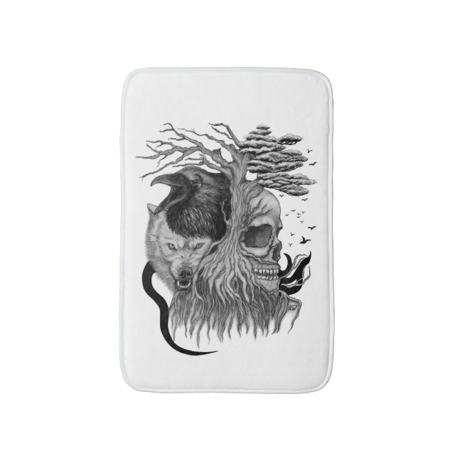 Wolf and Raven with Skull Bath Mat (Front Vertical)