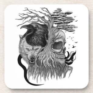 Wolf and Raven with Skull Coaster