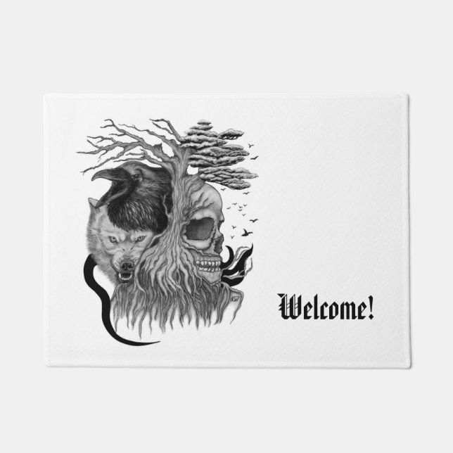 Wolf and Raven with Skull Doormat (Front)
