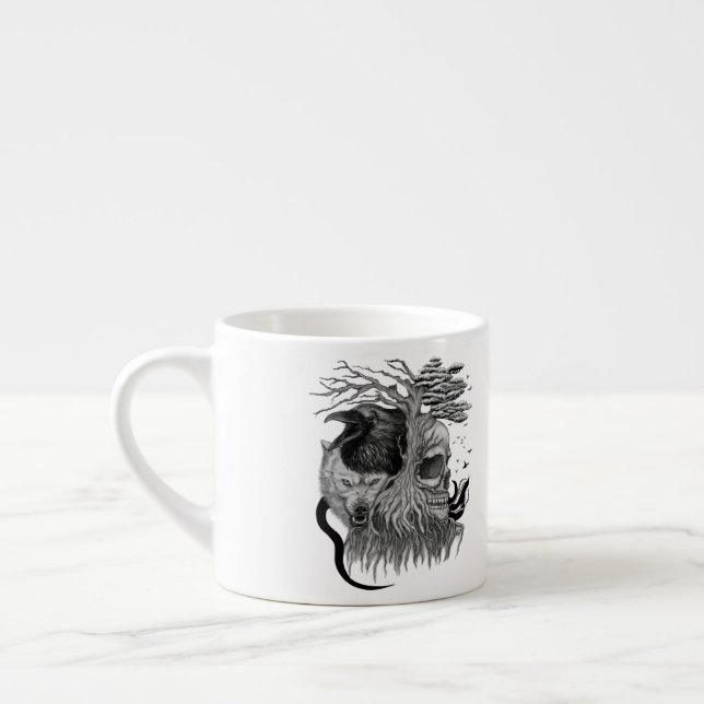 Wolf and Raven with Skull Espresso Cup (Left)