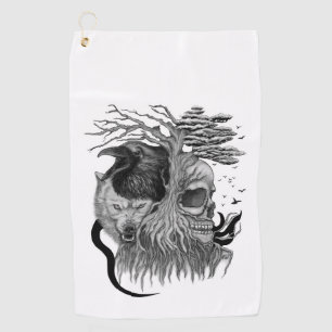 Wolf and Raven with Skull Golf Towel