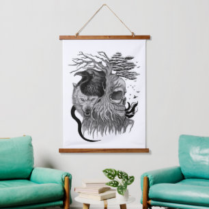 Wolf and Raven with Skull Hanging Tapestry