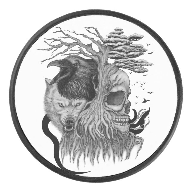 Wolf and Raven with Skull Hockey Puck (Front)