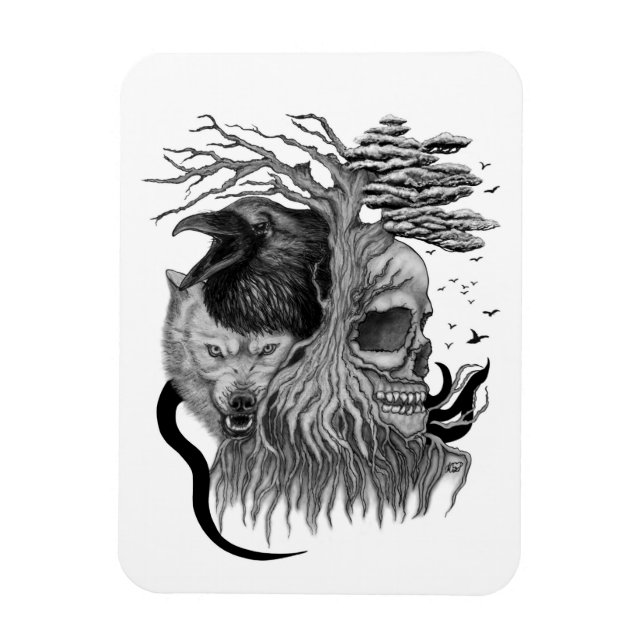 Wolf and Raven with Skull Magnet (Vertical)