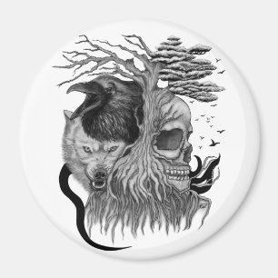 Wolf and Raven with Skull Magnet