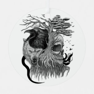 Wolf and Raven with Skull Metal Tree Decoration