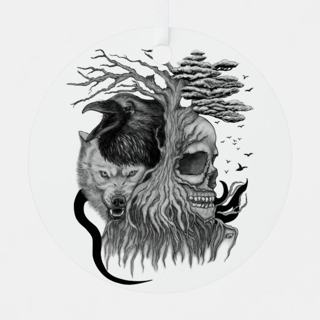 Wolf and Raven with Skull Metal Tree Decoration (Front)