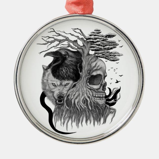 Wolf and Raven with Skull Metal Tree Decoration (Front)