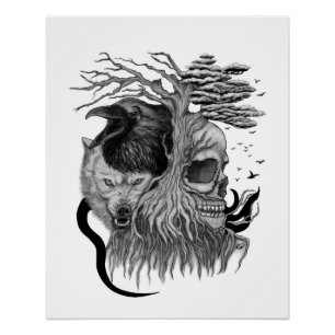 Wolf and Raven with Skull Poster