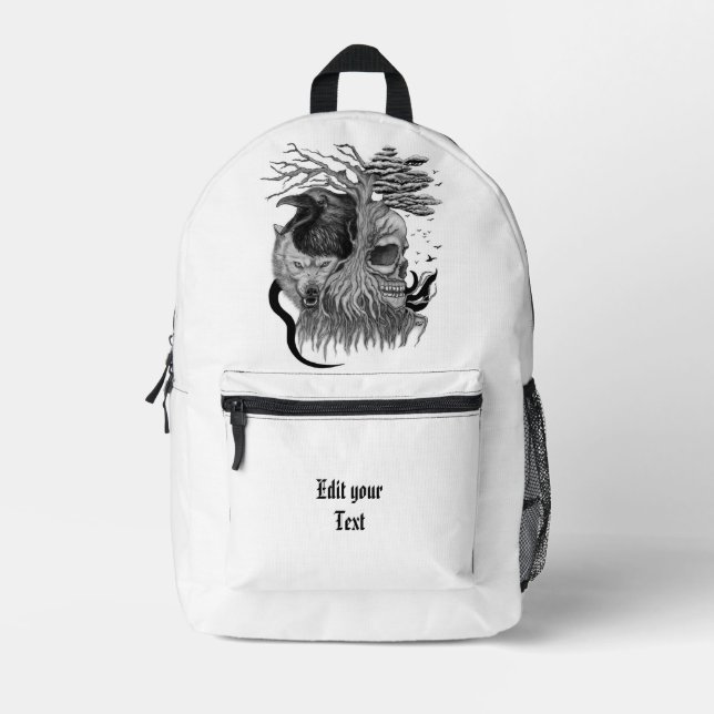 Wolf and Raven with Skull Printed Backpack (Front)
