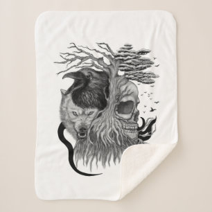 Wolf and Raven with Skull Sherpa Blanket